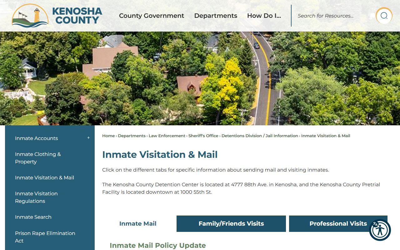 Kenosha County Pre-Trial Facility visitation and mail schedule
