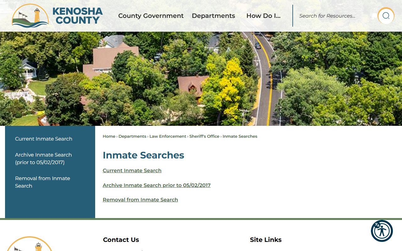 Kenosha County inmate population search page with current and archive roster links