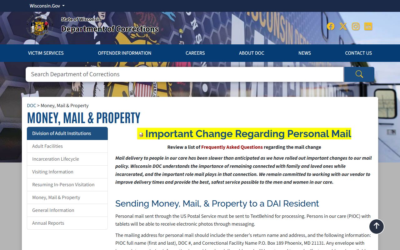 Wisconsin DOC mail and money rules for Kenosha Correctional Center inmates