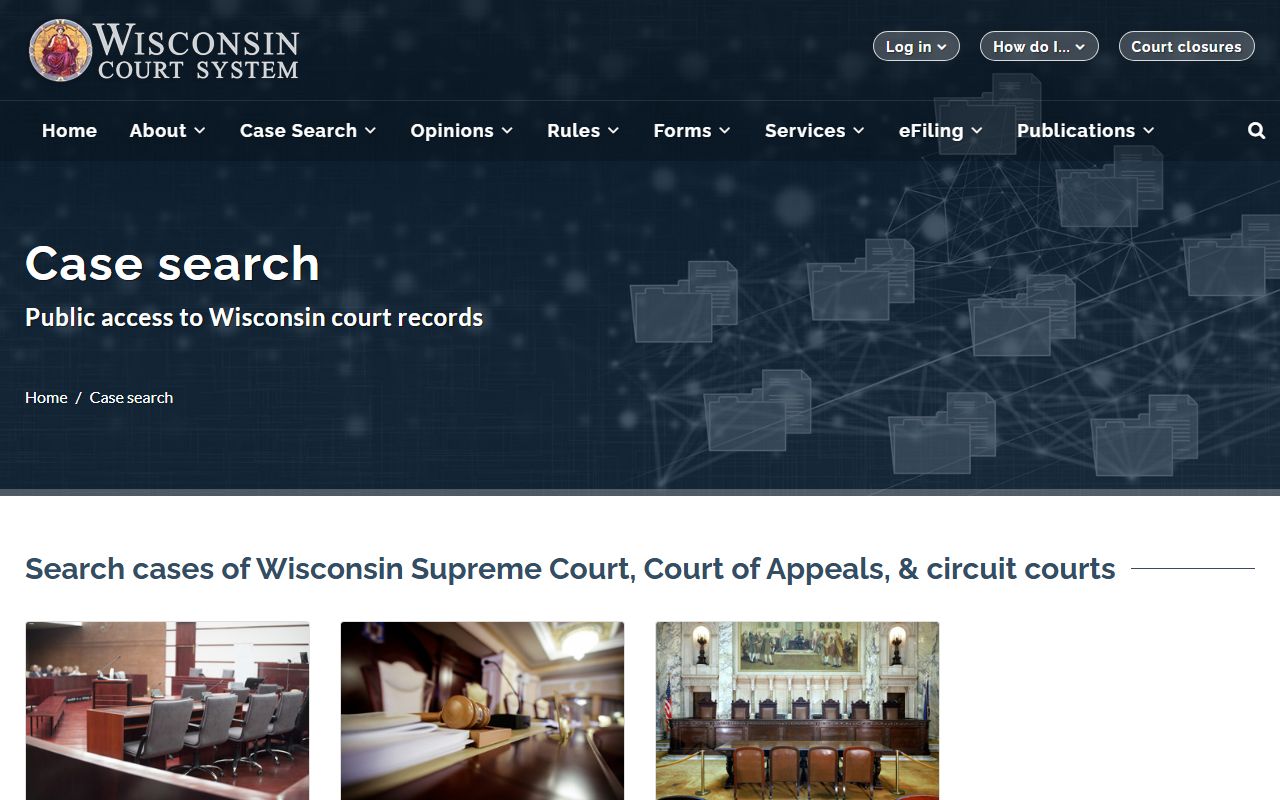 Wisconsin Court System case search landing page for court records